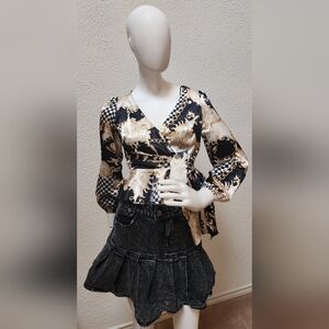 O.L.M. Elegant Wrap Blouse with Chain and Checkered Print